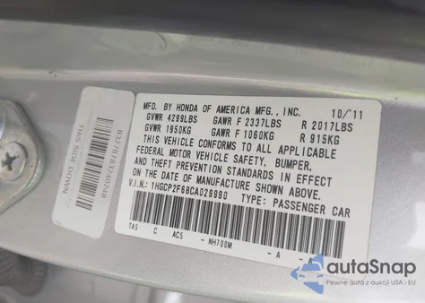 2012 Honda Accord 2.4 Se z USA, uszkodzony, nr VIN 1HGCP2F68CA029990